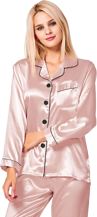SWOMOG Womens Silk Satin Pajamas Set Long Sleeve Button Down Sleepwear 2 Piece Lounge Set Pj Set XS-3XL