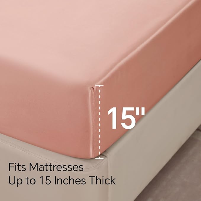 BEDELITE California King Sheets Set, Luxury Soft Coral Pink Satin Sheets for Hair and Skin, Similar to Silk Bed Sheets Set 4 Pieces with 1 Deep Pocket Fitted Sheet, 1 Flat Sheet, and 2 Pillowcases