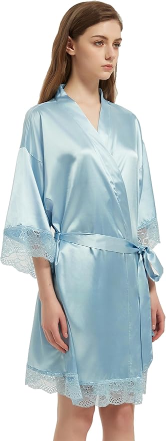 Kihnop Women's Satin Robe Silk Robe Lace Bridal Robes for Bride Bridesmaid Robes Silky Bathrobe Getting Ready Sleepwear