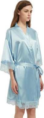 Kihnop Women's Satin Robe Silk Robe Lace Bridal Robes for Bride Bridesmaid Robes Silky Bathrobe Getting Ready Sleepwear