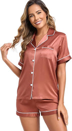 Serenedelicacy Women's Satin Pajama Set 2-Piece Sleepwear Loungewear Button Down Short Sleeve Silky PJ Set