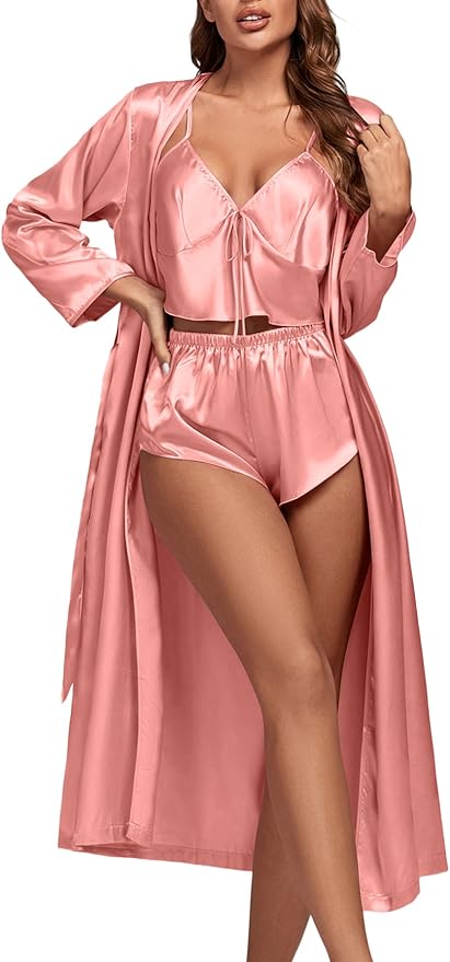 OPOIPIN Women's 3 Piece Pajama Set Sexy Cami Top and Shorts with Robe Sleepwear Loungewear Set