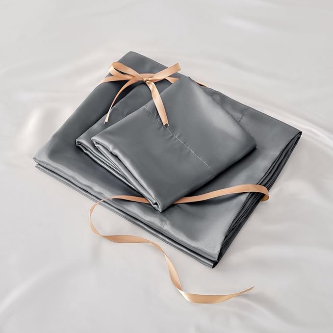 BEDELITE Satin Sheets Full XL Size Bed Set, Luxury Soft Dark Grey Silky Sheets for Hair and Skin, Similar to Silk Bed Sheets Set 4 Pieces with 1 Deep Pocket Fitted Sheet, 1 Flat Sheet, 2 Pillowcases