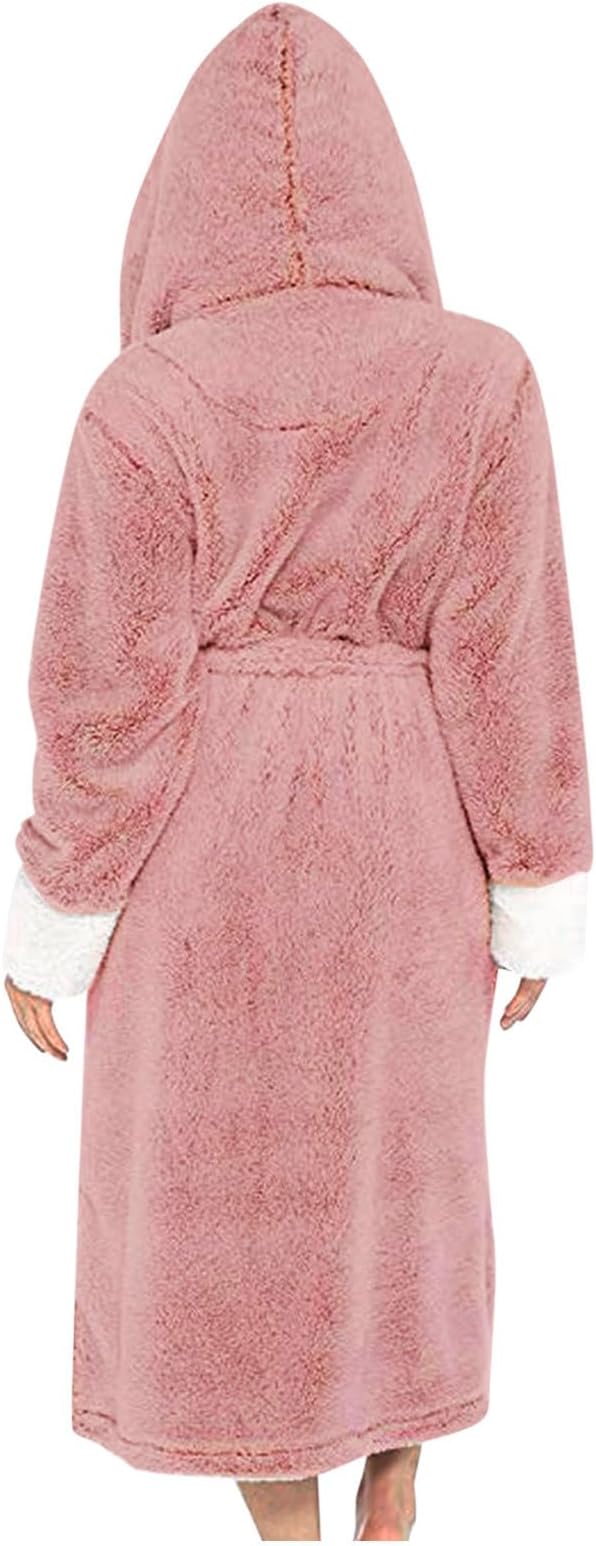 Fuzzy Plush Bathrobe Women Fashion Hooded Thicken Fleece Lined Warm Comfy Long Robe Flannel Loungewear