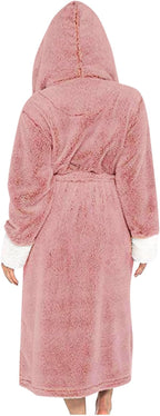 Fuzzy Plush Bathrobe Women Fashion Hooded Thicken Fleece Lined Warm Comfy Long Robe Flannel Loungewear