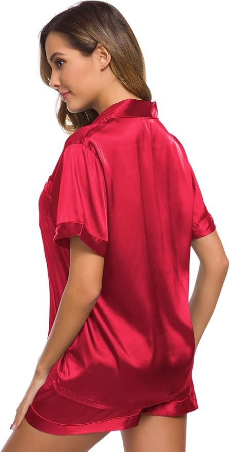 SWOMOG Womens Silk Satin Pajamas Set Short Sleeve Sleepwear Button Down Top and Shorts Loungewear 2 Piece Pjs Set XS-3XL