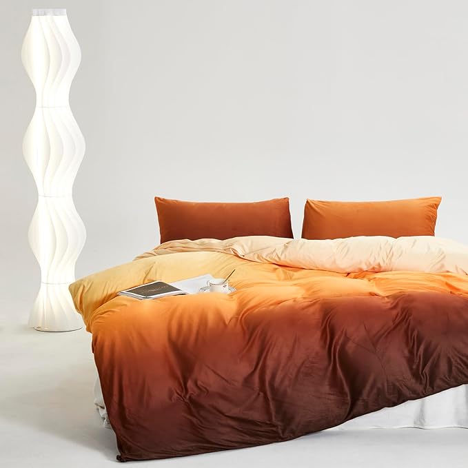 Luxlovery Orange Gradient Velvet Comforter Twin Women Girls Sunset Color Fluffy Flannel Bedding Comforter Set Art Style Sherpa Quilts Blanket Soft Warm Winter Bedding Set for Twin Bed