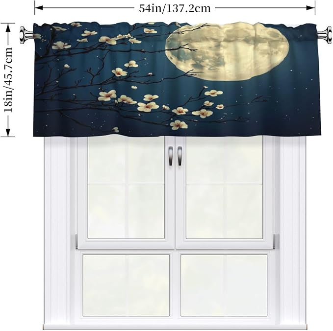 Full Moon Night with Cherry Blossoms Curtain Valance Peach Skin Velvet Printed Window Valance with Rod Pocket Light Filtering for Kitchen Bathroom 54x18in