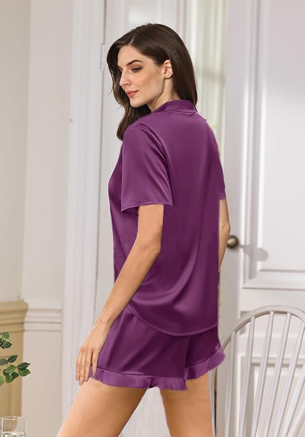 WJing Yi Jia Ruffle Pajama Sets For Women XS-4XL Womens Silk Satin Pajamas Set Silky Sleepwear Pj Sets Nightwear Loungewear