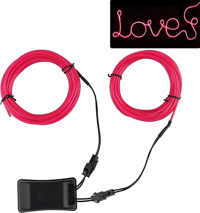 JIGUOOR USB Rechargeable EL Wire 32.8ft/10m (5mx2) Bright Neon Light Strip 360° Illumination Neon Tube Rope Lights for DIY, Festival, Party Decoration, Halloween, Chrismas (32.8ft/10M, Pink)