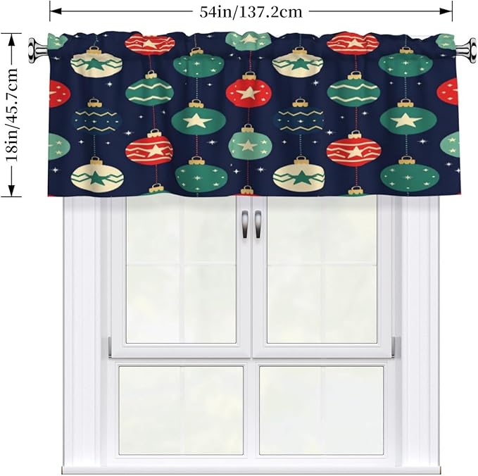Christmas Ornaments Stars and Stripes Art Night Sky Background Curtain Valance 54x18in, Soft Peach Skin Polyester Window Treatment with 3in Rod Pocket, Light Filtering for Kitchen Bath