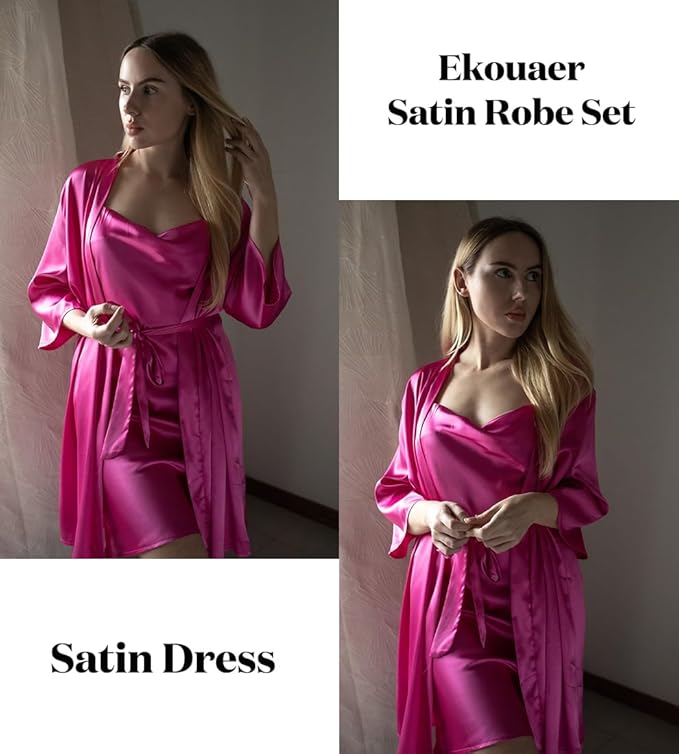 Ekouaer Women's Satin Robe Set Nightgown with Robes Silk Pajama Set 2 Pieces Lingerie Cowl Neck Cami Sleepwear Sets