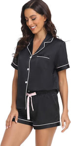 Serenedelicacy Women's Satin Pajama Set 2-Piece Sleepwear Loungewear Button Down Short Sleeve Silky PJ Set
