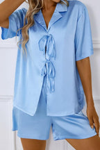 CHYRII Women's Silk Satin Pajamas Sets Tie Front Short Sleeve Tops and Shorts Two Piece Pj Sets Sleepwear