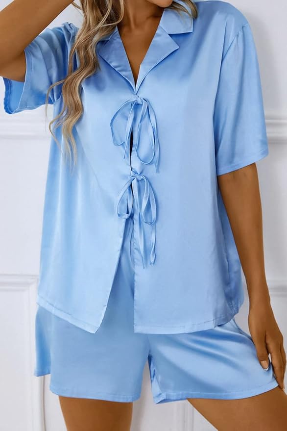 CHYRII Women's Silk Satin Pajamas Sets Tie Front Short Sleeve Tops and Shorts Two Piece Pj Sets Sleepwear