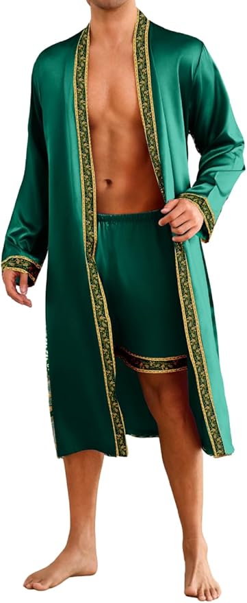 ChiaoLezhee Mens Satin Bath Robe with Shorts Set, Silk Paisley Kimono Lightweight, Soft Long Sleeve Sleepwear