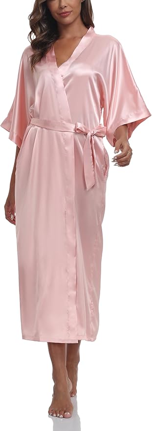 Women's Silk Robes Soft Long Satin Kimono Bathrobe Bride Bridesmaid Wedding Party Robes Sexy Sleepwear with Pockets