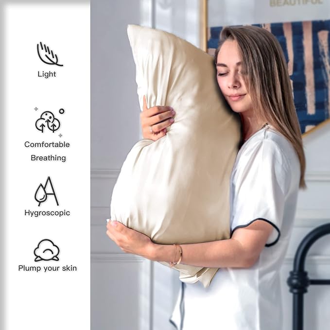 Mulberry Silk Pillowcase for Hair and Skin Pillow Case with Hidden Zipper Soft Breathable Smooth Cooling Silk Pillow Covers for Sleeping (Champagne, King,1Pcs)