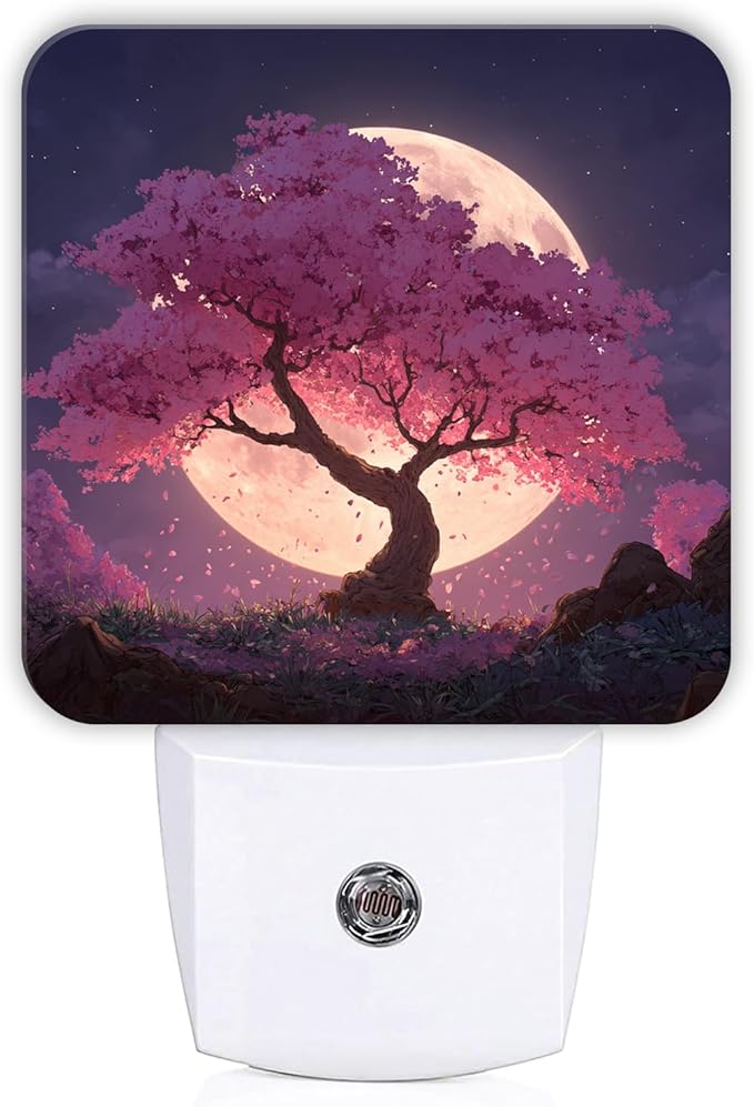 Cherries Blossom Night Lights Plug Into Wall, Nature Dreamy Moon Night Sky Spring Peach Dusk to Dawn Led Plug in Lights for Living Room Entryway Kitchen Decor 1pcs