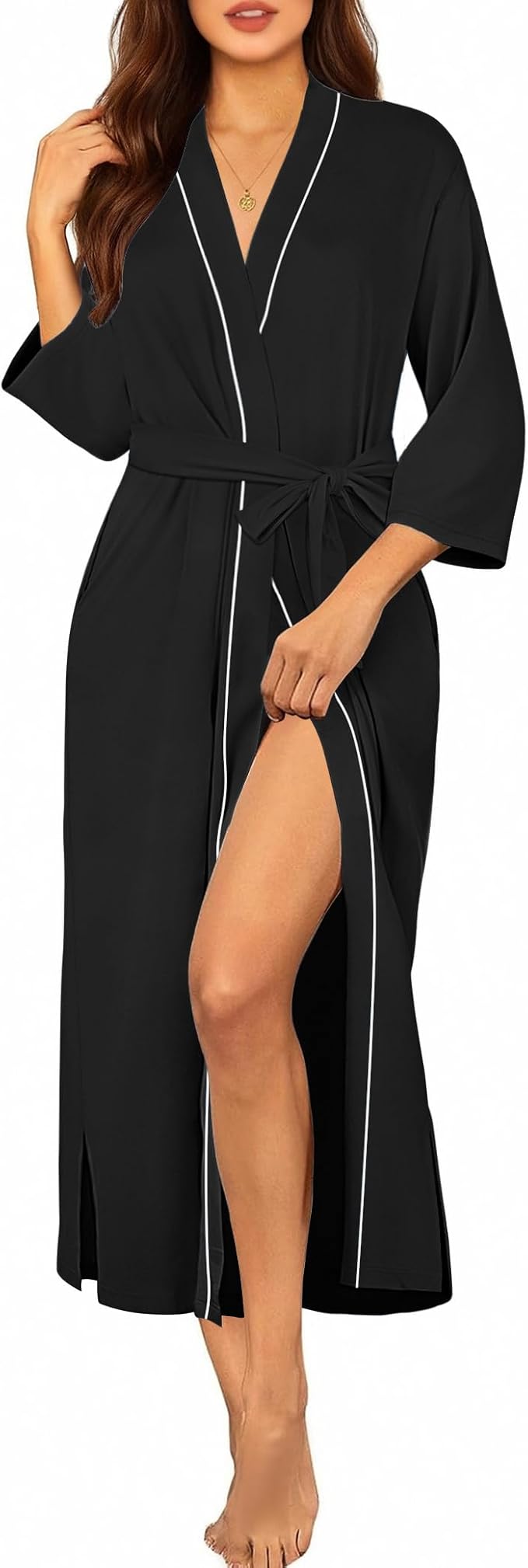 Ekouaer Robes for Women Long Knit Bathrobe Lightweight 3/4 Sleeves Kimono Robe Soft Sleepwear with Pockets S-XXL