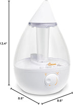 Crane White Teardrop Ultrasonic Cool Mist Humidifier, 1 Gallon Auto Shut-Off for Large Room, Baby Nursery, Bedroom Office, Clear & White