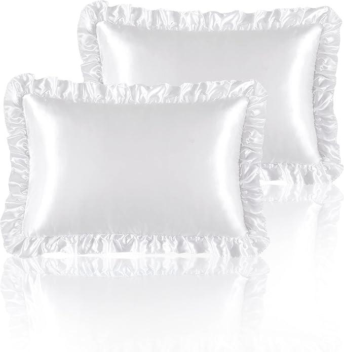 White Satin Ruffled Pillow Cases for Hair and Skin,White Silk Pillowcases Standard Set of 2 with Envelope Closure Princess Room Decoration