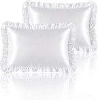 Silky Satin Ruffled Pillow Cases for Hair and Skin,White Silk Pillowcases King Set of 2 with Envelope Closure Princess Room Decoration