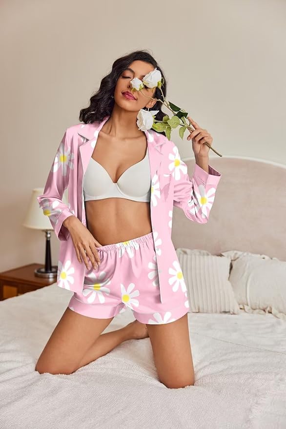 Ekouaer Satin Pajama Set for Women Button Down Pj Set Long Sleeve Top and Shorts 2 Piece Loungewear Summer Soft Sleepwear