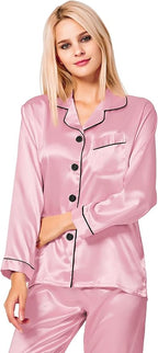 SWOMOG Womens Silk Satin Pajamas Set Long Sleeve Button Down Sleepwear 2 Piece Lounge Set Pj Set XS-3XL
