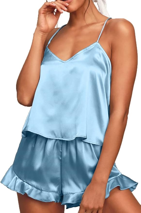 CHYRII Women's Sexy Silk Satin Ruffled Pajamas Sets Cami Shorts Sets Sleepwear