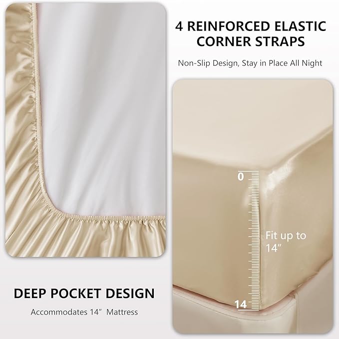 CozyLux Satin Sheets Full Size Sheets - 4 Piece Silky Full Size Bed Sheets, Luxury Champagne Full Bed Set with Smooth and Soft Microfiber, Includes 1 Fitted Sheet, 1 Flat Sheet and 2 Pillowcases