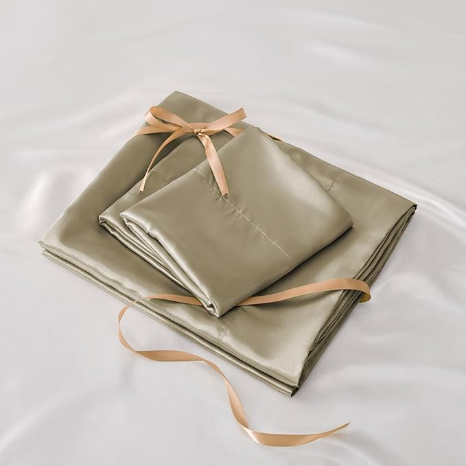 BEDELITE King Size Sheets Set, Luxury Soft Taupe Satin Sheets for Hair and Skin, Similar to Silk Bed Sheets Set 4 Pieces with 1 Deep Pocket Fitted Sheet, 1 Flat Sheet, and 2 Pillowcases