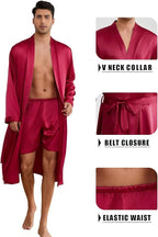 ZUEVI Men's Kimono Robe Set Silk Satin Long Sleeve Bathrobe with Shorts 2 PCS Sleepwear Pjs Sets