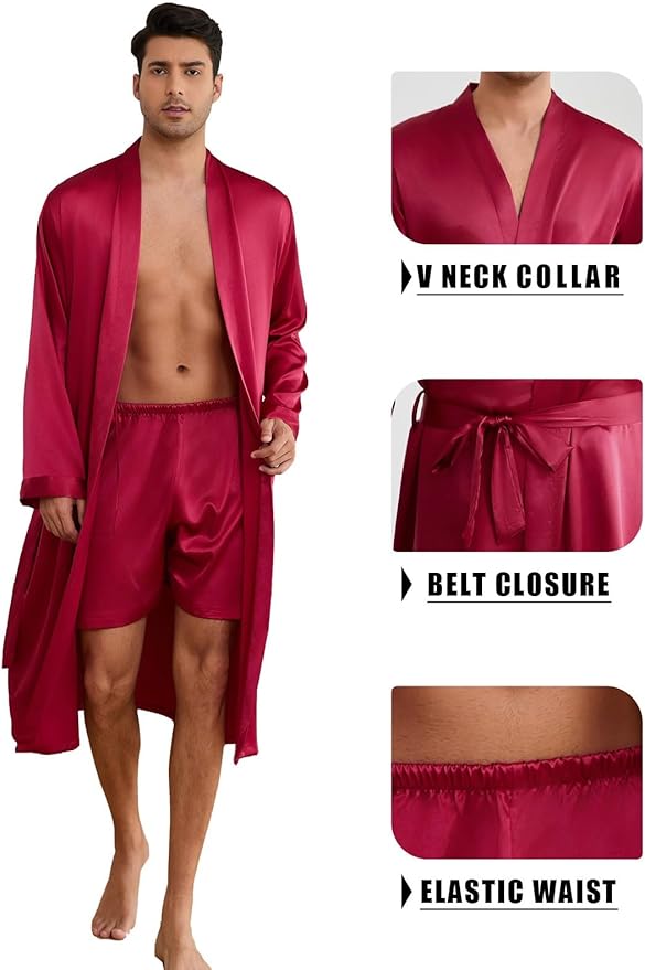 ZUEVI Men's Kimono Robe Set Silk Satin Long Sleeve Bathrobe with Shorts 2 PCS Sleepwear Pjs Sets