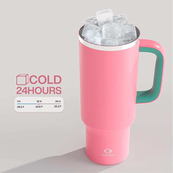 ENCOOL 40 oz Tumbler with Handle and Straw: Stainless Steel Insulated Tumbler Keeps Cold for 24 Hours, Leakproof Travel Cup Fits in Cup Holder and BPA-Free,Tulip