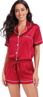 Serenedelicacy Women's Satin Pajama Set 2-Piece Sleepwear Loungewear Button Down Short Sleeve Silky PJ Set