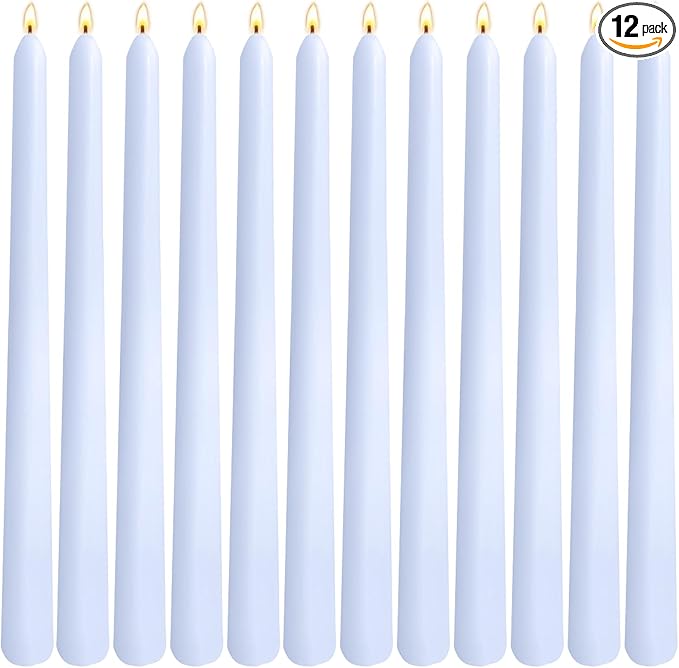 12-Pack Pale Blue Taper Candles, 10 Inch Unscented Dripless Candlesticks, Long-Lasting Burn Time of 6-7 Hours, Perfect for Home Décor Weddings Babyshower and Events