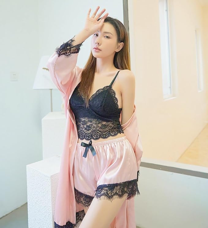 Womens Silk Pajamas Robes Set 4PACKS Sexy Pjs Cami Shorts Satin Sleepwear Lace Loungewear