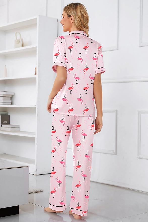 Umeyda Girls Womens Pajamas Set, Satin Silky Button Down Loungewear 2 Piece Short Sleeve Pants PJS Sets for Mommy Kids