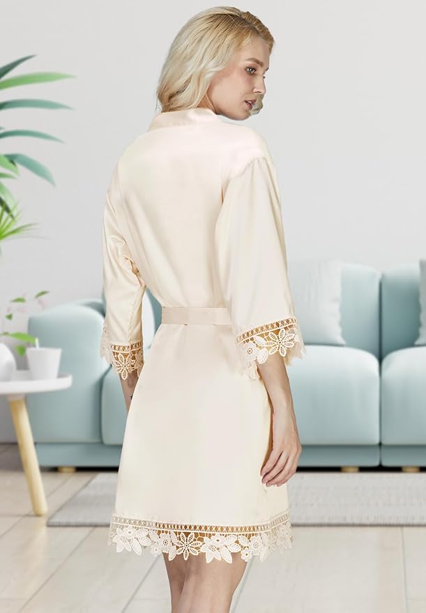Silk Robes for Womens 2Pcs Satin Robe Kimonos Bridesmaid Bride Lace Bathrobes Sleepwear Bridal Silky Loungewear Wedding Robes