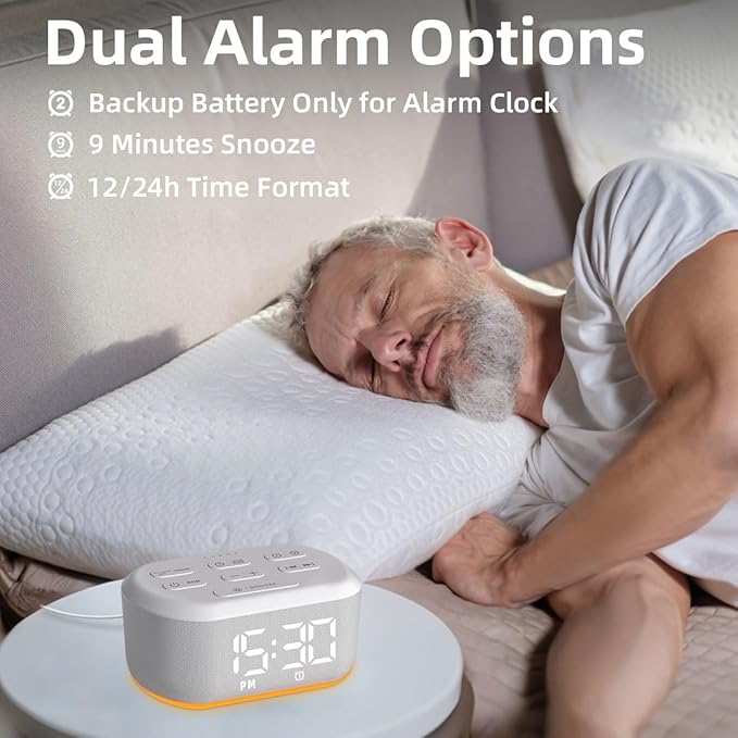 Small Digital Alarm Clock for Bedrooms Sound Machine with 30 Soothing Sound Plug in Desk Clock with Night Light Noise Machine Battery Backup 15 Wake up Sound Clock for Teen Kid Heavy Sleeper Snooze