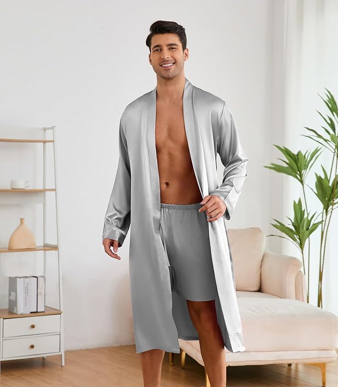 ZUEVI Men's Kimono Robe Set Silk Satin Long Sleeve Bathrobe with Shorts 2 PCS Sleepwear Pjs Sets