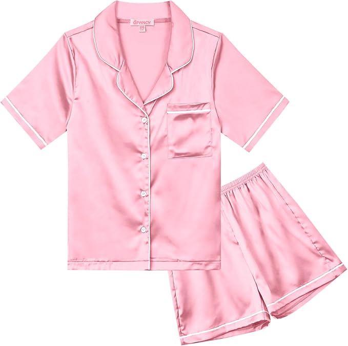 QPANCY Kids Satin Pajamas Sets Baby Boy Girl Button-Down Silk Sleepwear 2 Piece Short Sleeve Loungewear Clothes Set