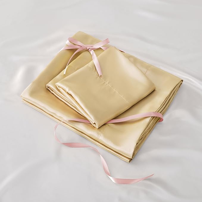 BEDELITE Satin Sheets Twin XL Size Bed Set, Luxury Soft Champagne Silky Sheet for Hair and Skin, Similar to Silk Bed Sheets Set 3 Pieces with 1 Deep Pocket Fitted Sheet, 1 Flat Sheet, and 1 Pillowcase