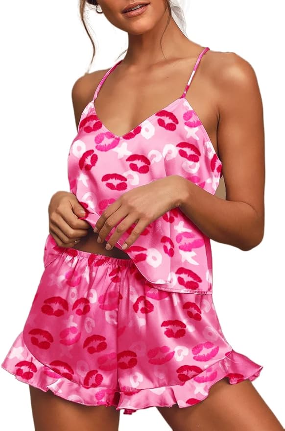 CHYRII Women's Sexy Silk Satin Ruffled Pajamas Sets Cami Shorts Sets Sleepwear
