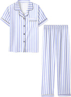 Umeyda Girls Womens Pajamas Set, Satin Silky Button Down Loungewear 2 Piece Short Sleeve Pants PJS Sets for Mommy Kids
