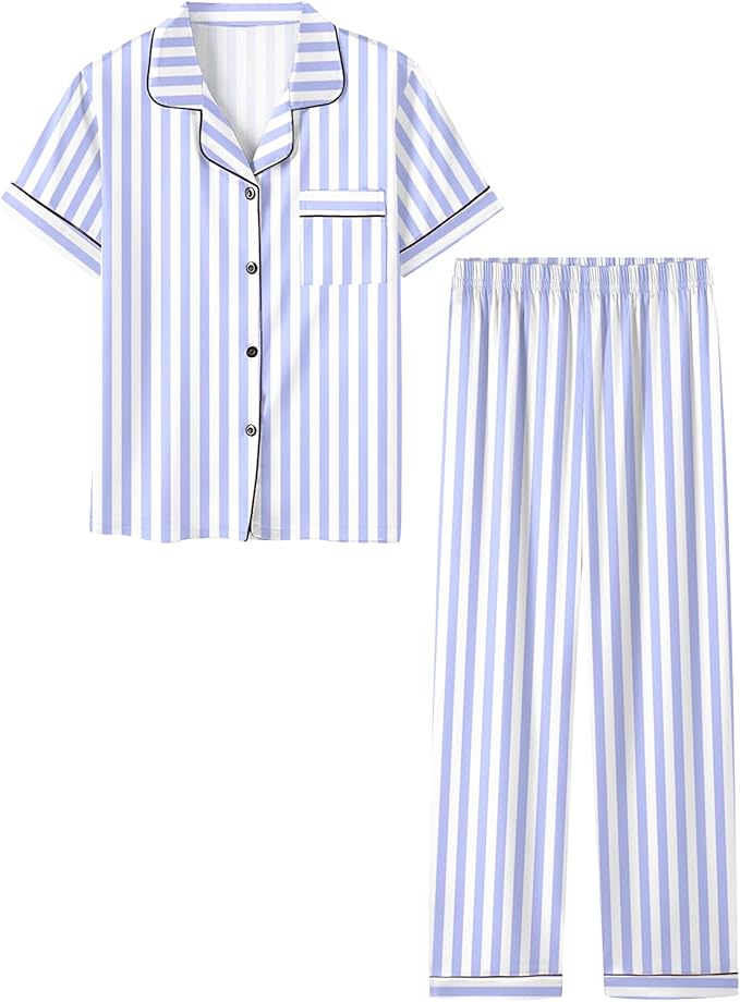 Umeyda Girls Womens Pajamas Set, Satin Silky Button Down Loungewear 2 Piece Short Sleeve Pants PJS Sets for Mommy Kids