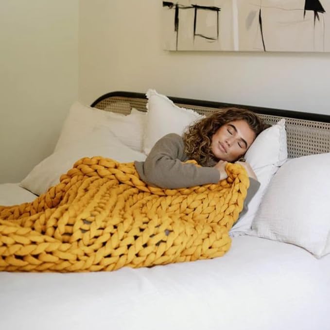 Nuzzie Original Knit Weighted Blanket- Breathable, Cooling, Hand Made Knit Throw Blanket for Sleep - Machine Washable, Stylish Design (Marigold, Queen | 22lbs | 60"x80")