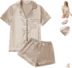 WJing Yi Jia 4Pcs Womens Satin Silky Pajama Sets Short Sleeve Shirt XS-4XL Floral Pajamas Set Soft PJ Loungewear Sleepwear