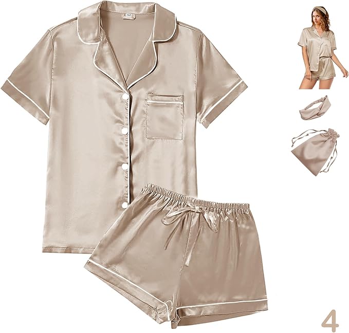 WJing Yi Jia 4Pcs Womens Satin Silky Pajama Sets Short Sleeve Shirt XS-4XL Floral Pajamas Set Soft PJ Loungewear Sleepwear